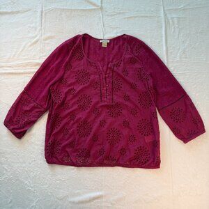 Lucky Brand Blouse See Through‎ Circle Pattern 3/4 Sleeve Burgundy Vintage Large